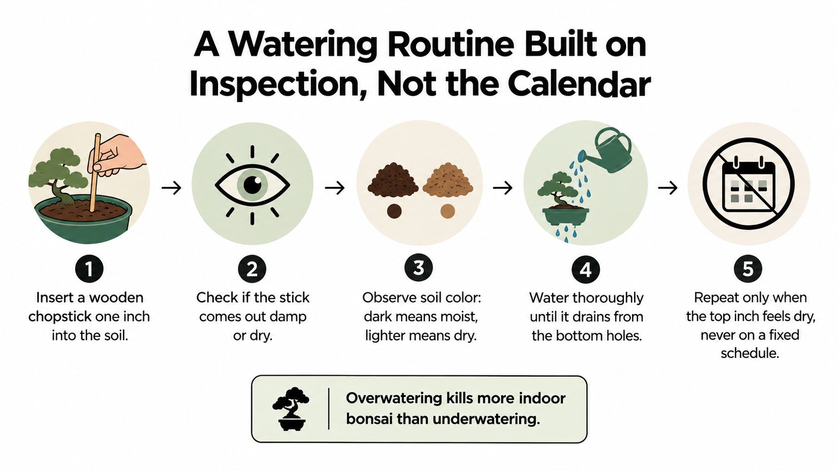 An infographic showing a five-step process for correctly watering an indoor bonsai tree based on soil inspection.