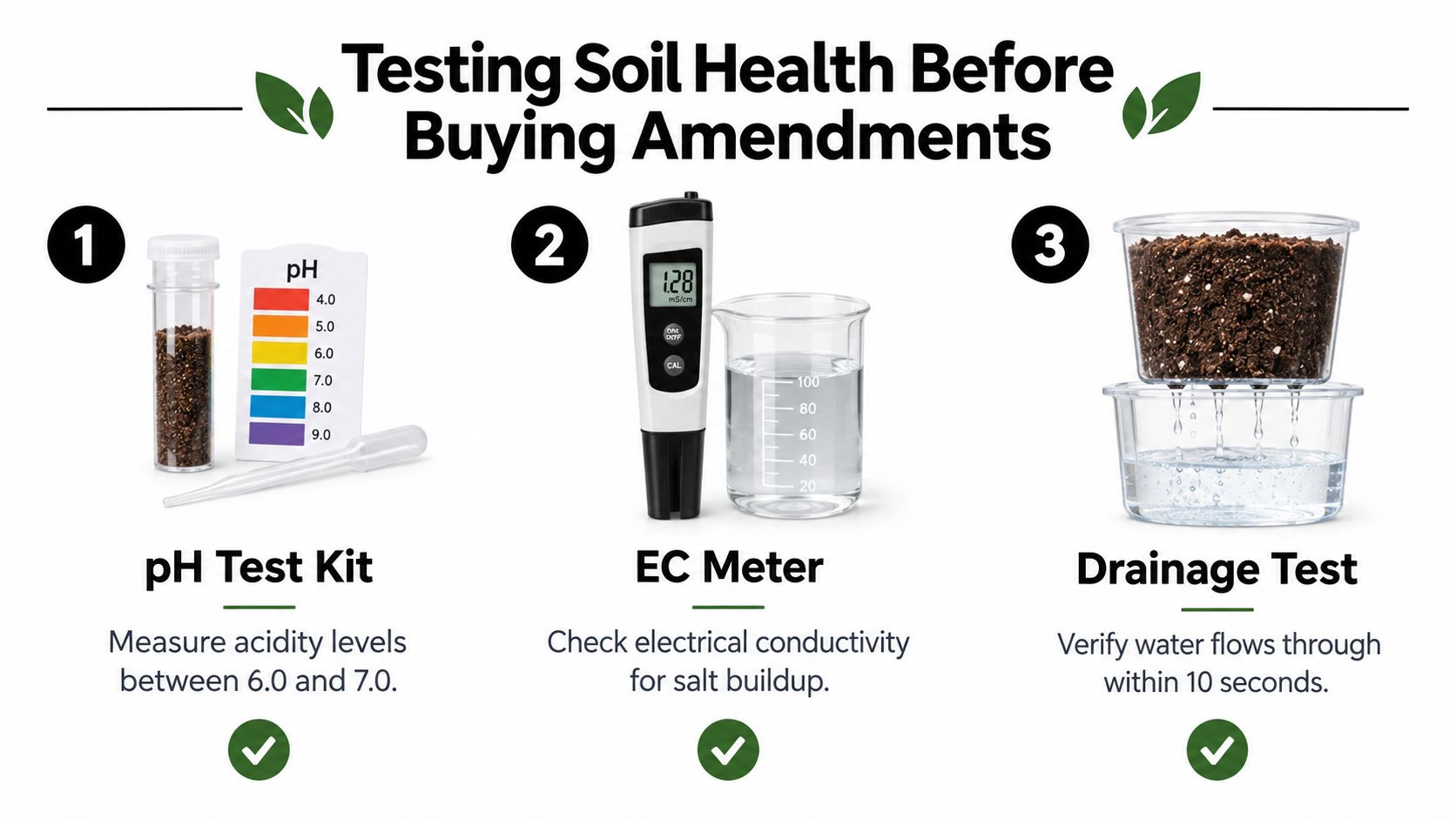 An infographic showing three steps to test soil health using a pH kit, EC meter, and drainage test.