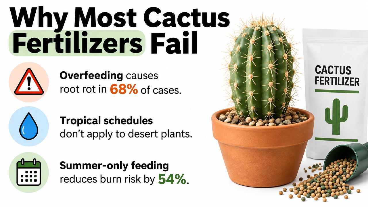 An infographic showing why most cactus fertilizers fail, featuring a cactus and fertilizer bag illustration.