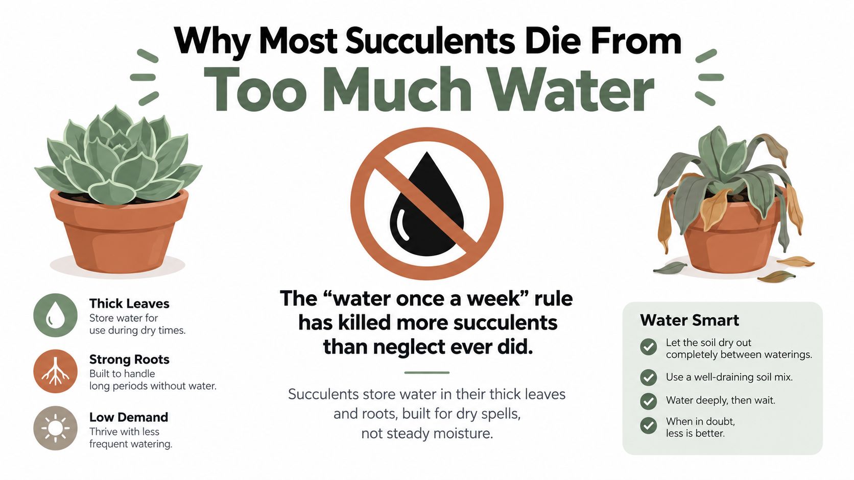 An infographic explaining why overwatering kills succulents, featuring healthy and unhealthy plant examples with watering tips.