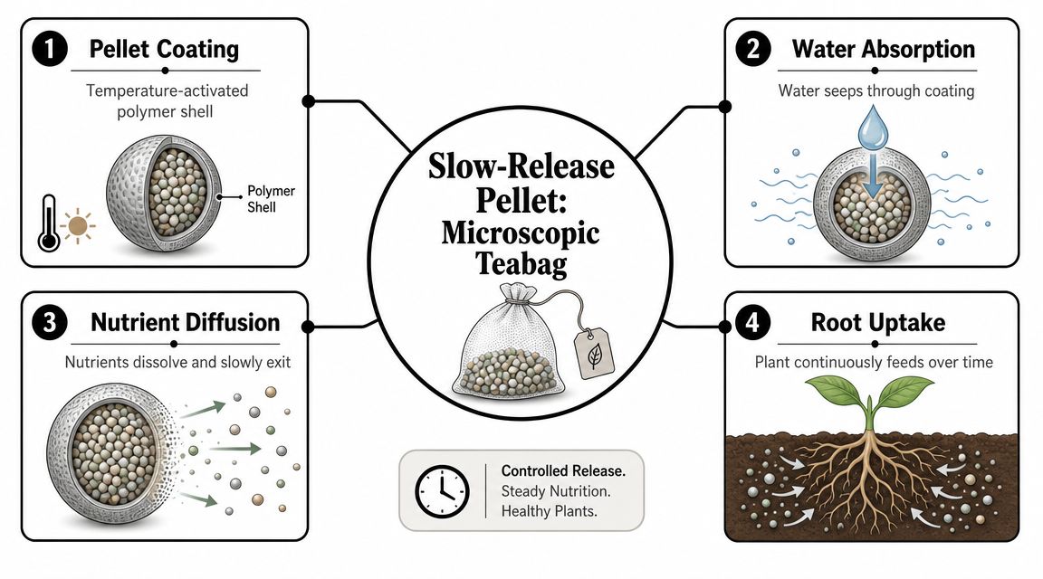 A diagram illustrating how slow-release fertilizer pellets work through coating, water absorption, diffusion, and root uptake.