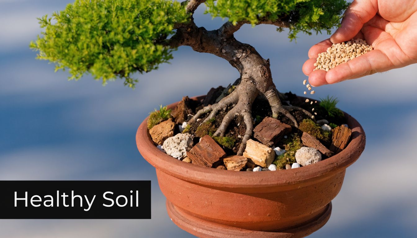 A person sprinkling small fertilizer granules onto the topsoil of a miniature bonsai tree in a pot.