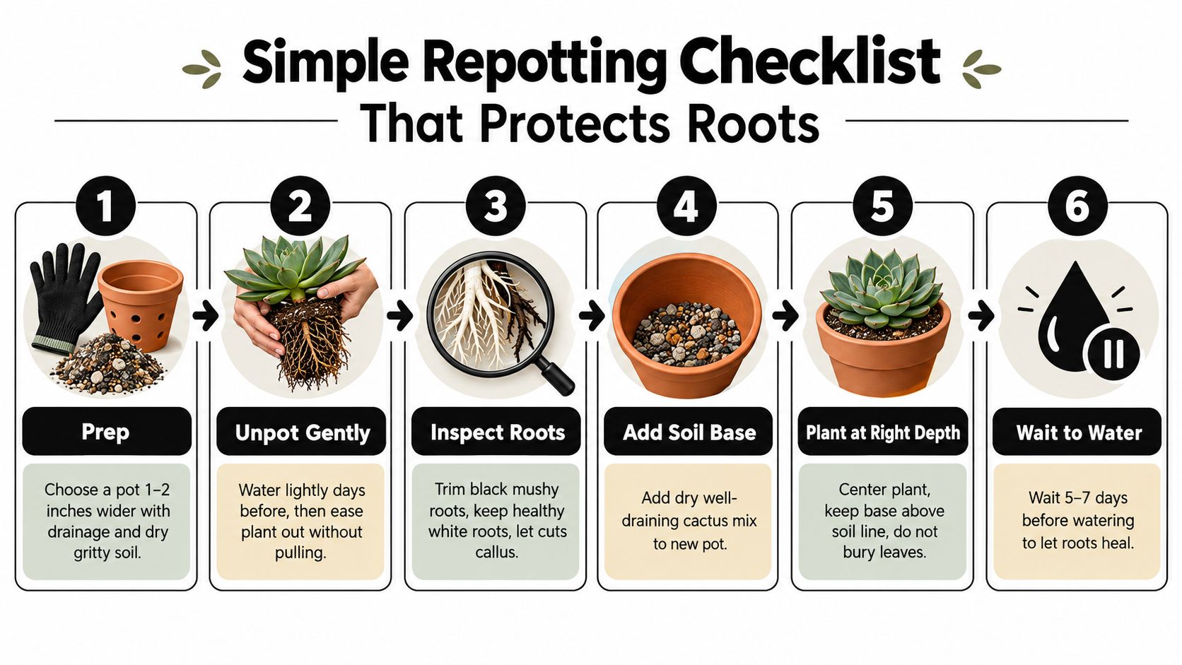 A step-by-step instructional graphic showing how to repot a succulent plant, covering six essential stages.