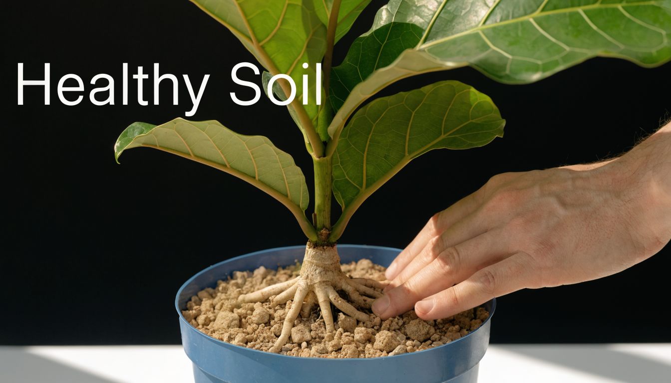 A close-up of a person's hand touching the soil around the base of a potted fiddle leaf fig.