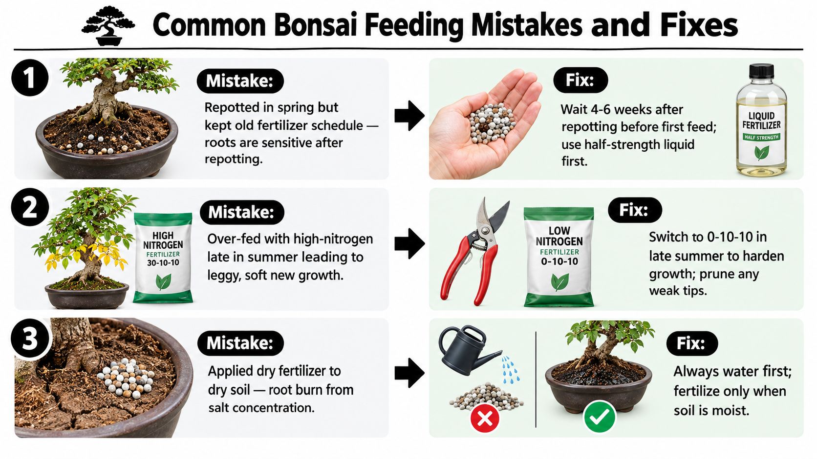 An infographic showing common bonsai tree fertilizing mistakes and effective fixes to keep plants healthy.