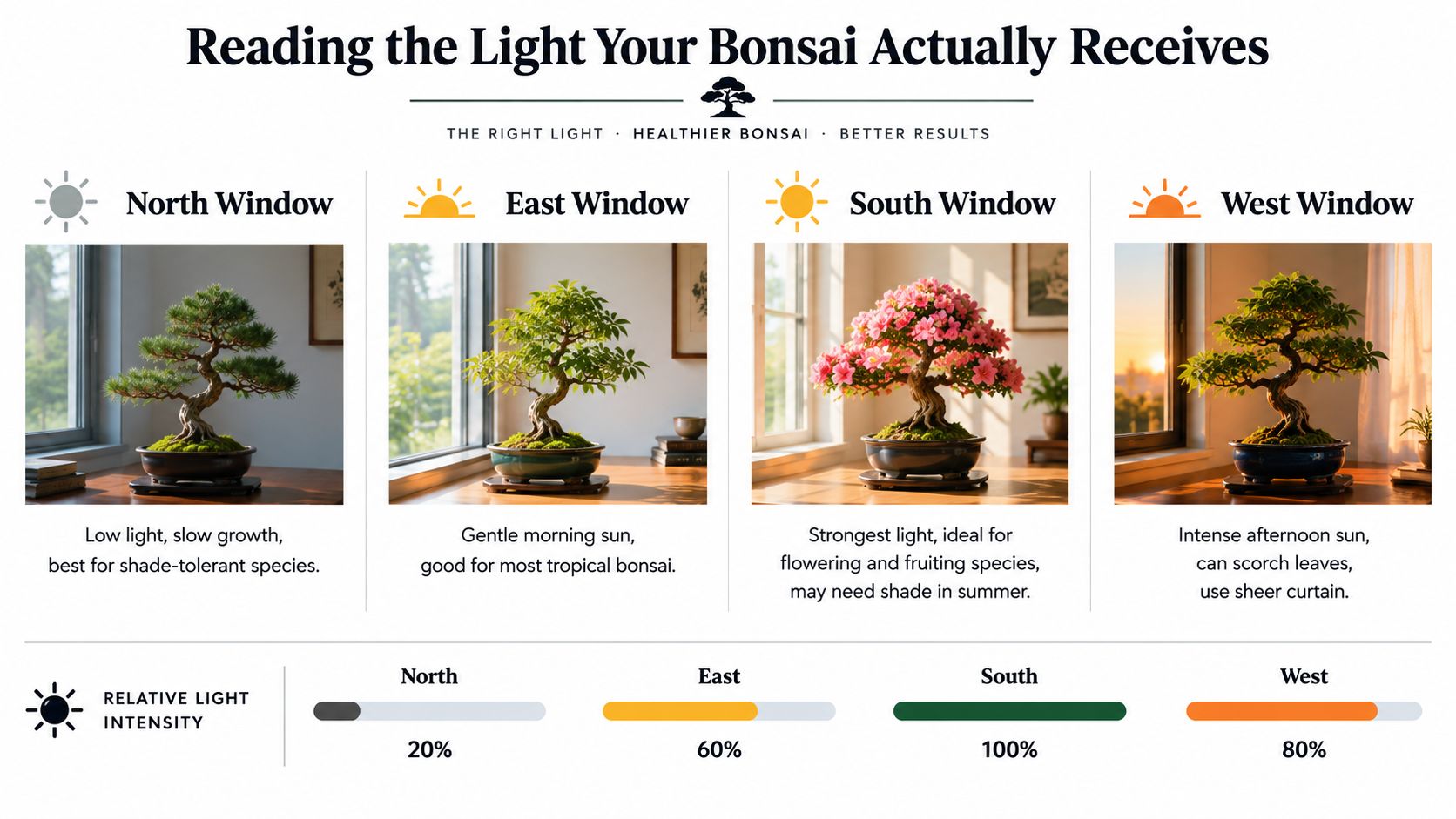 An educational infographic showing the lighting conditions for indoor bonsai trees based on window direction.