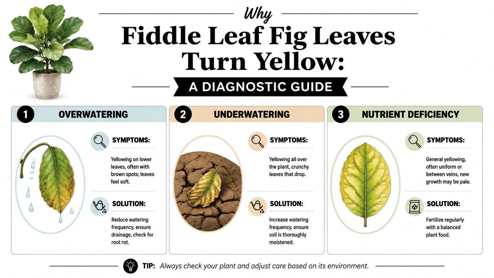 A diagnostic guide explaining why Fiddle Leaf Fig leaves turn yellow due to watering issues or nutrients.