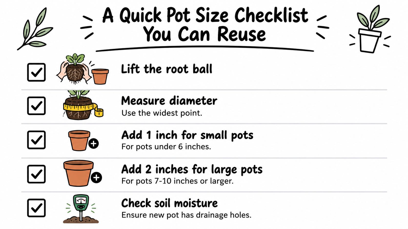 An infographic checklist for determining the correct pot size when repotting plants, featuring step-by-step sizing instructions.