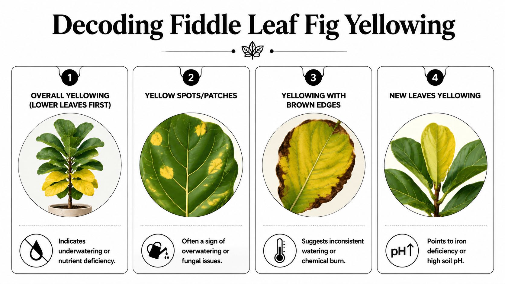 A diagnostic infographic explaining common causes for yellowing leaves on a fiddle leaf fig houseplant.