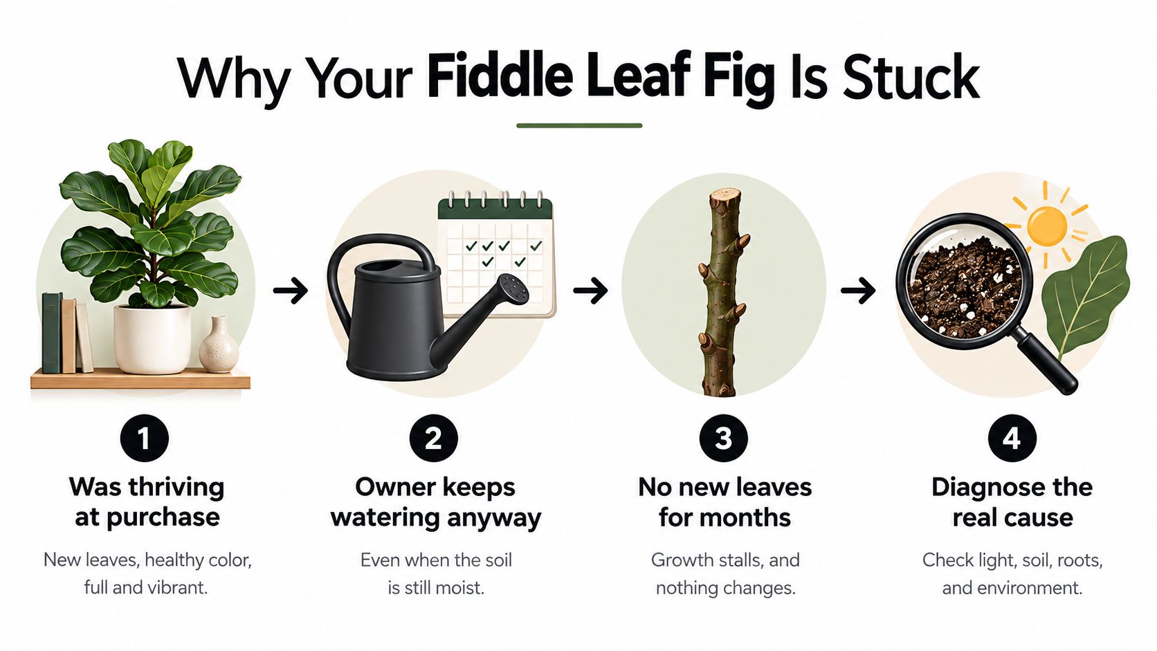 A four-step infographic showing reasons why a Fiddle Leaf Fig plant might stop growing or stall.