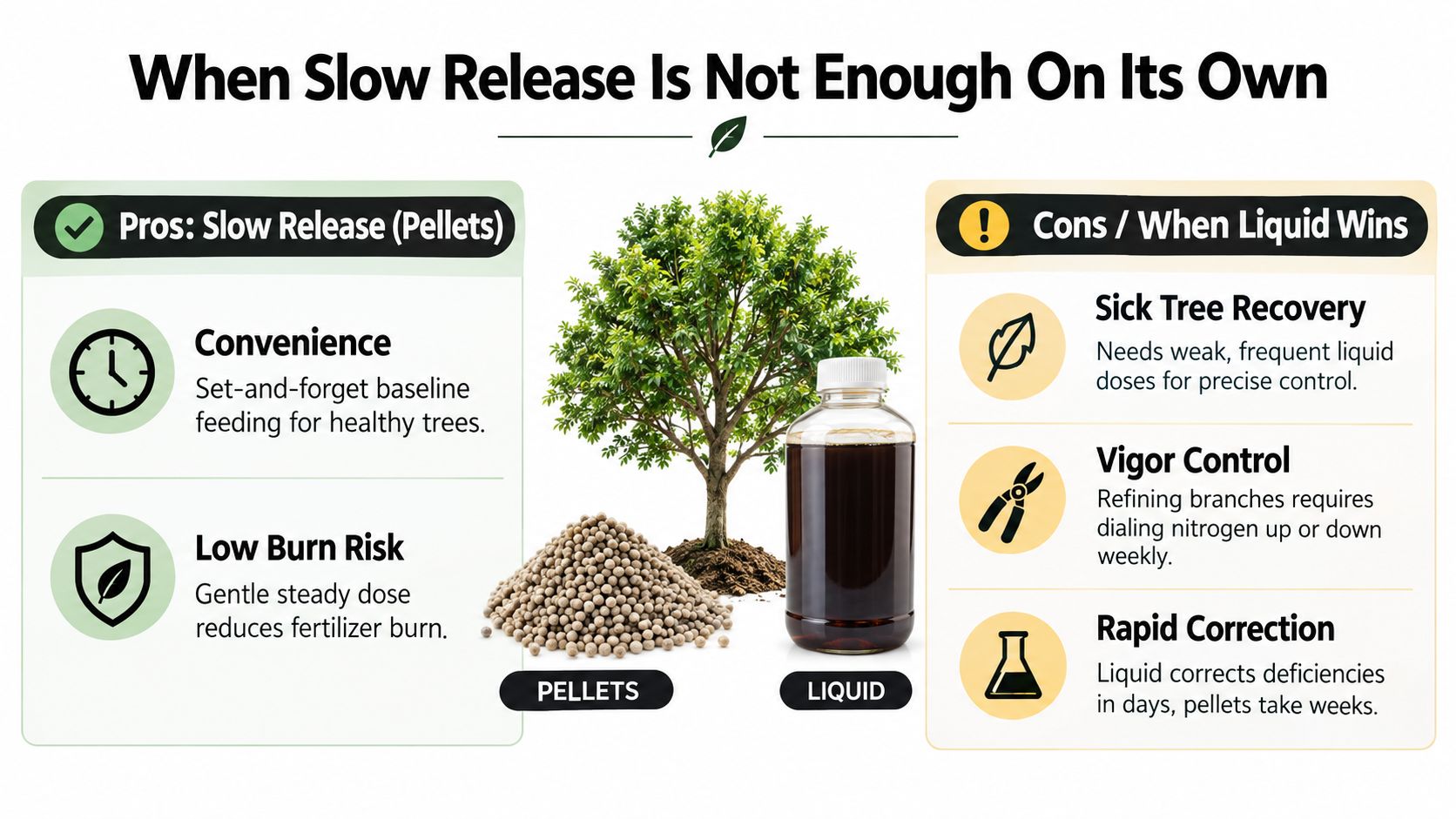 An infographic comparing pros of slow release pellets against liquid fertilizer benefits for bonsai trees.