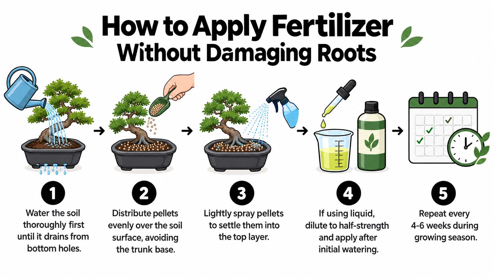 A five-step infographic showing how to apply fertilizer to a bonsai tree safely without damaging roots.