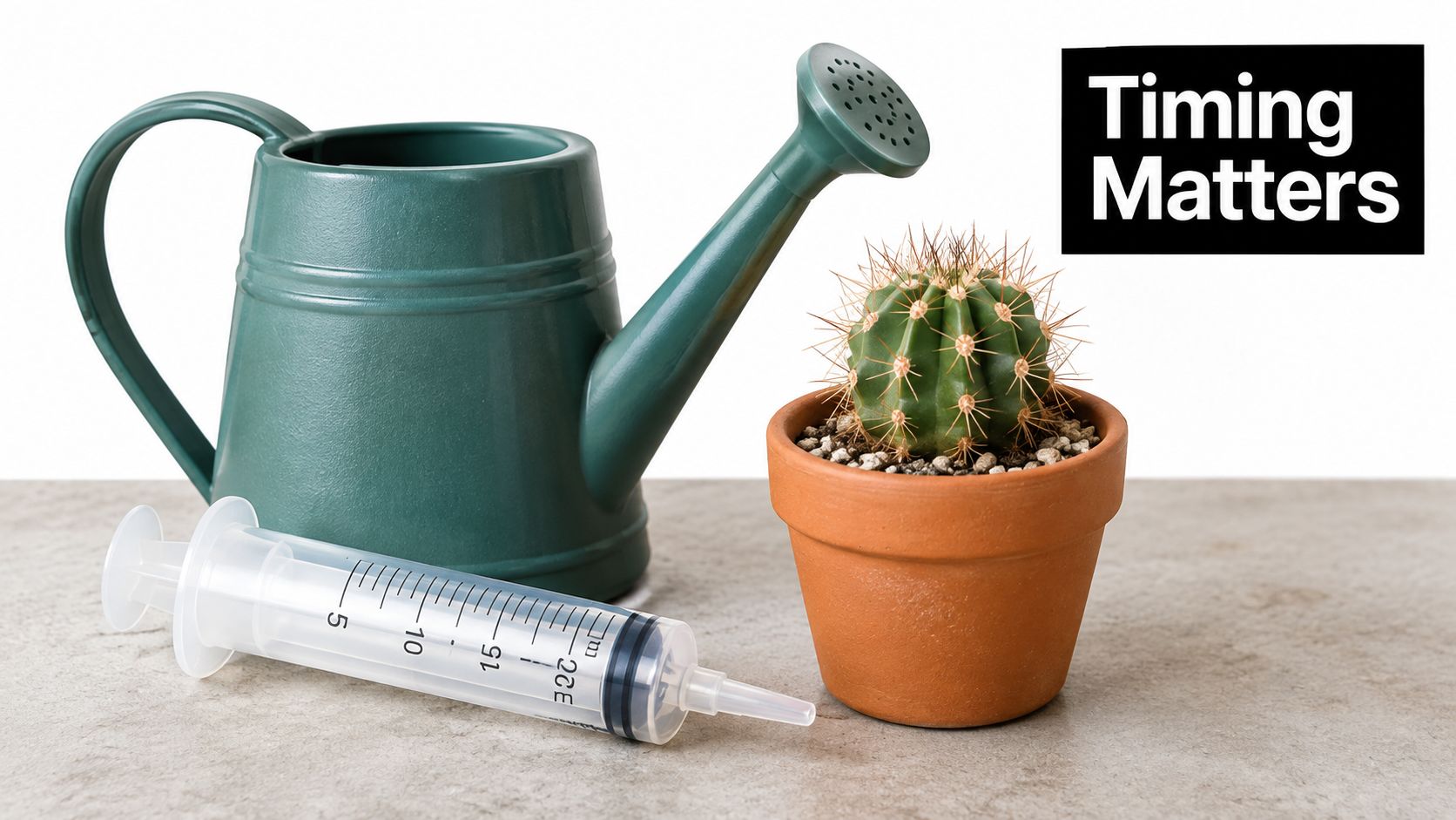 A small potted cactus next to a green watering can and a plastic medical syringe.