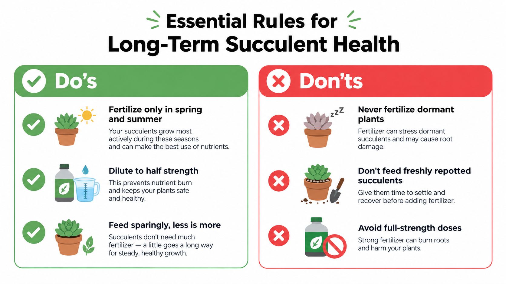 An infographic showing essential rules for fertilizing succulents with lists of do's and don'ts.