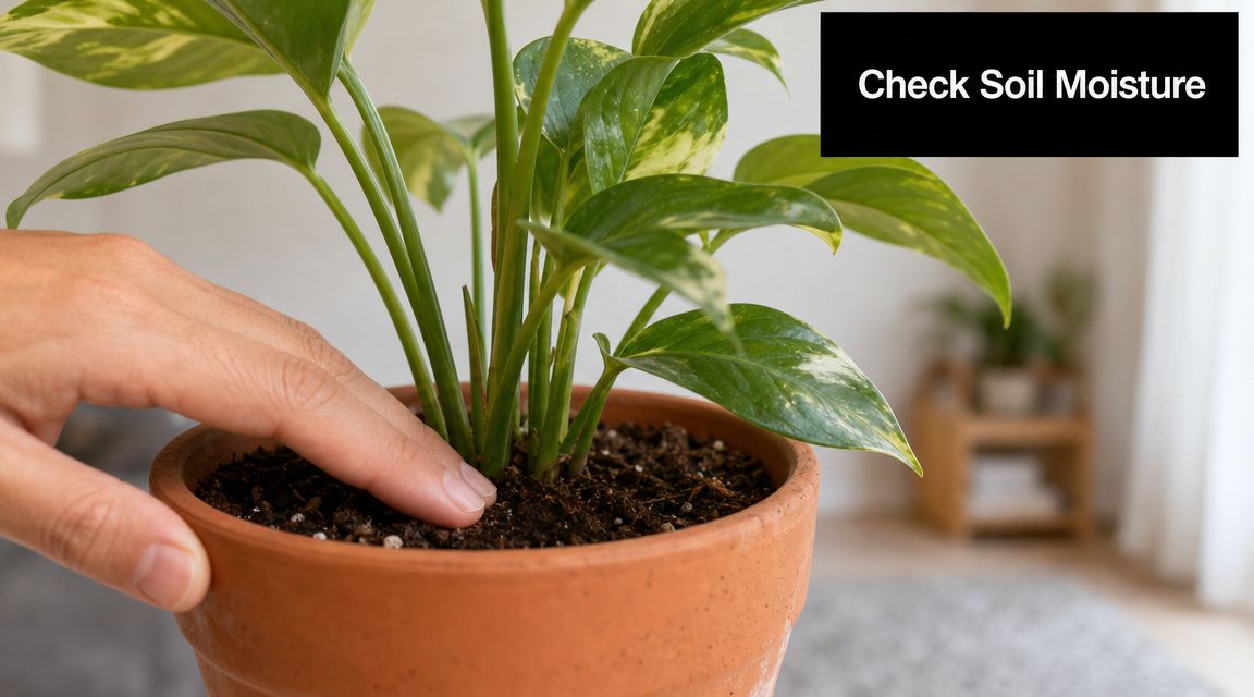 A person checking the soil moisture of a healthy indoor houseplant in a terra cotta pot.