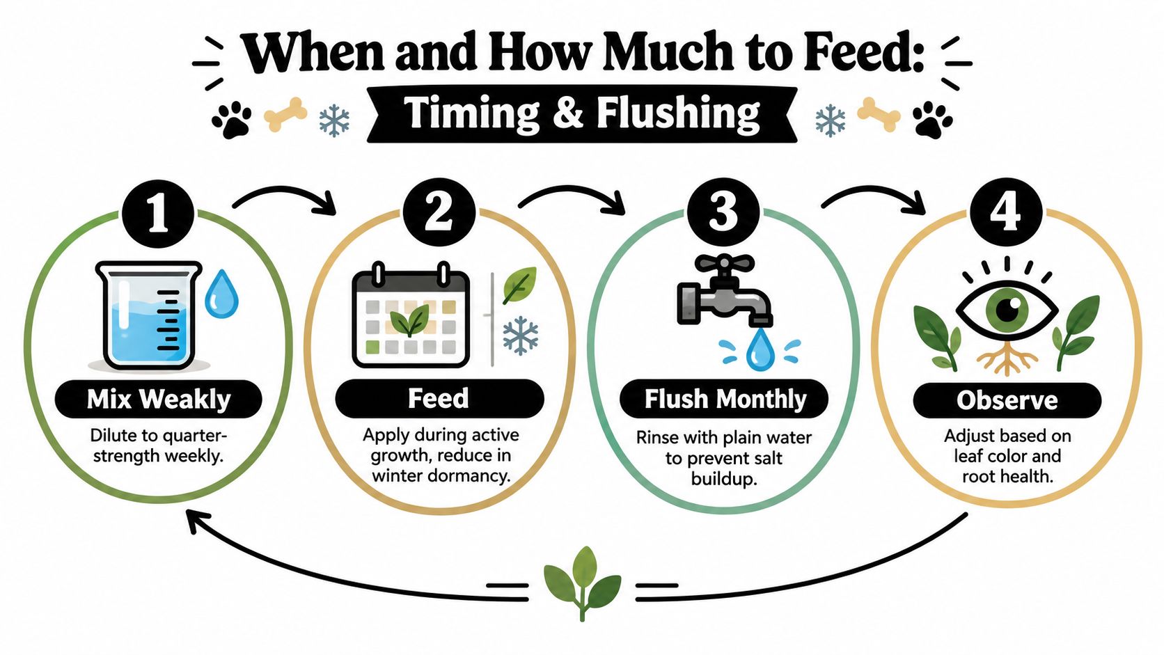 An infographic showing four steps for fertilizing plants, including mixing, feeding, flushing, and observing your plants.