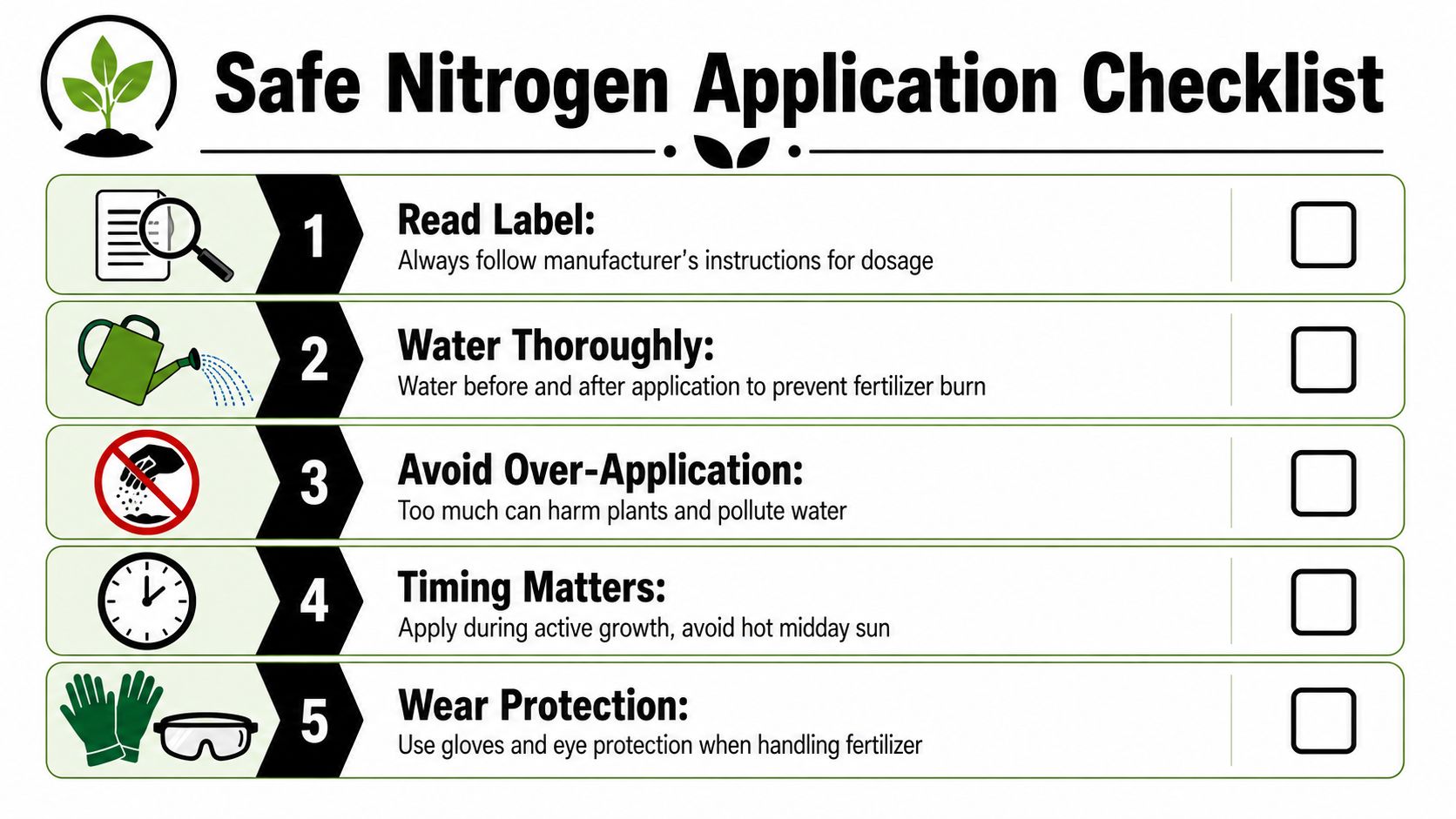 A safety checklist infographic with five steps for safely applying nitrogen-based fertilizer to garden plants.