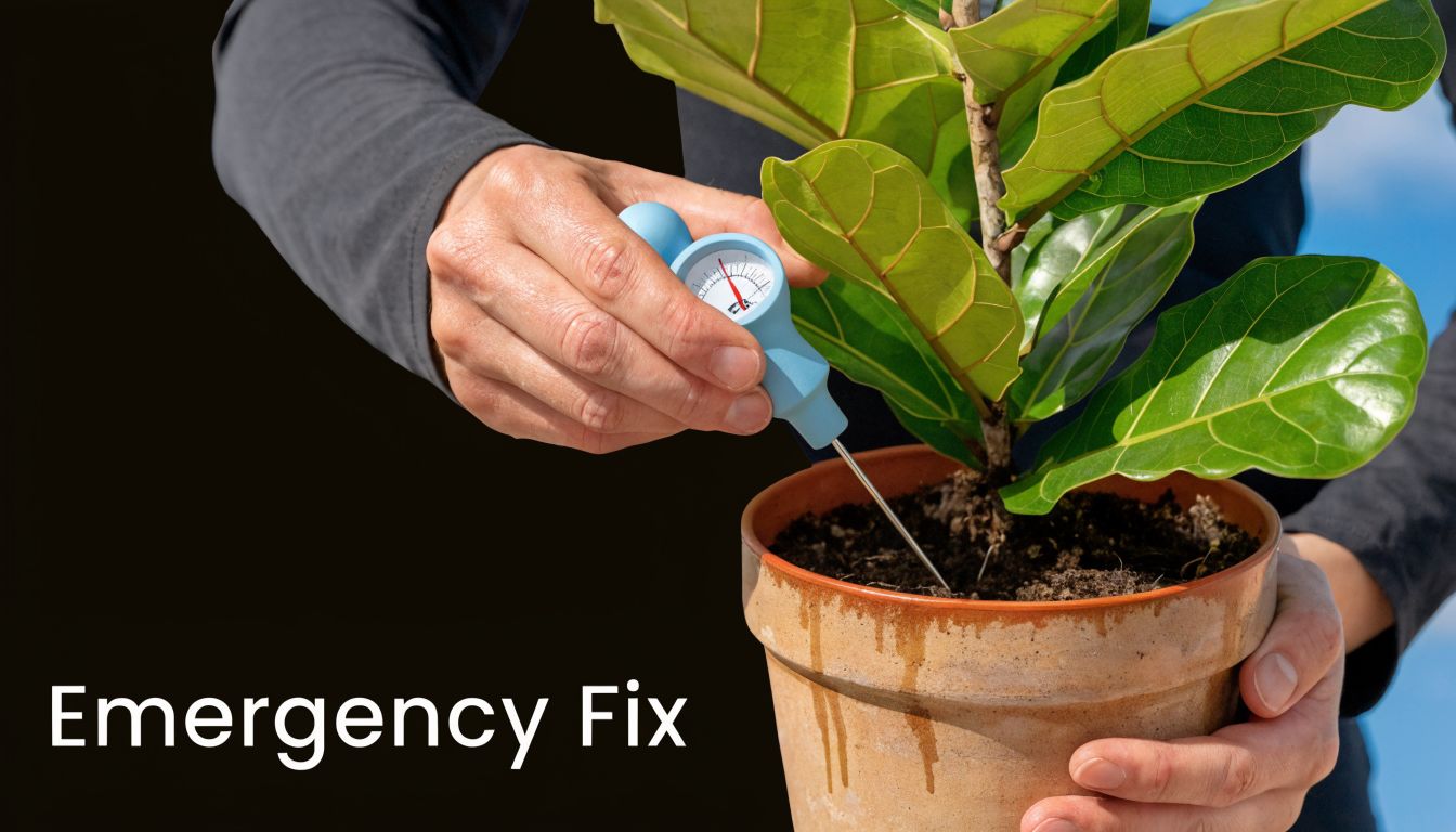 A person testing soil moisture in a fiddle leaf fig plant using a light blue moisture meter.