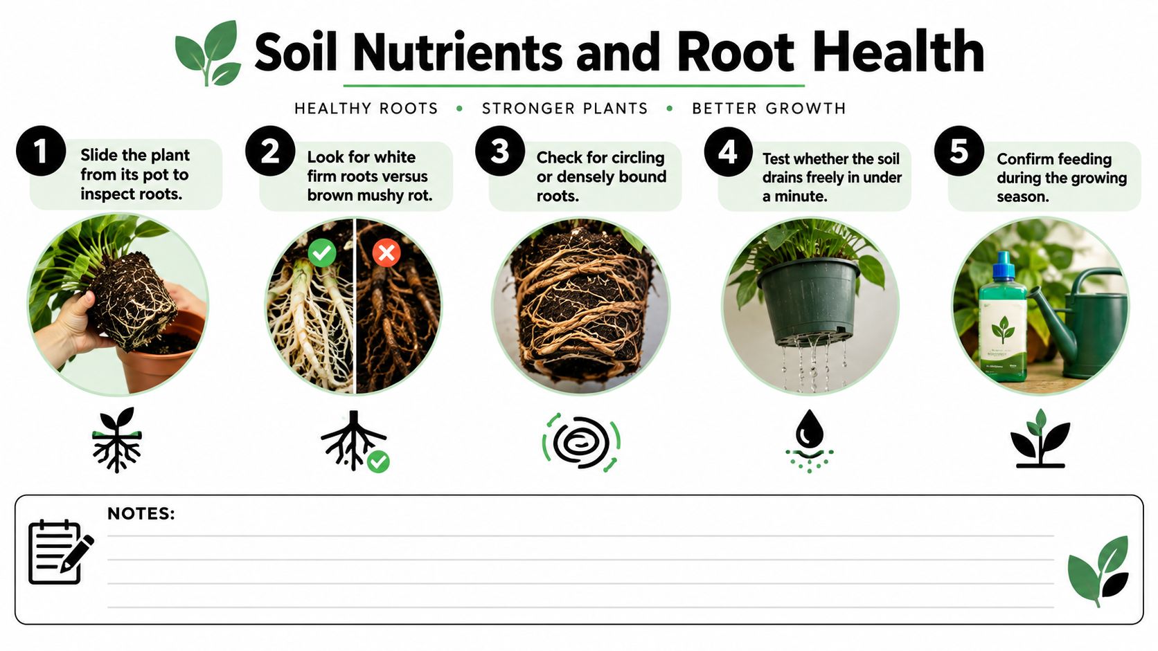 An infographic titled Soil Nutrients and Root Health showing five steps to inspect and care for potted plants.