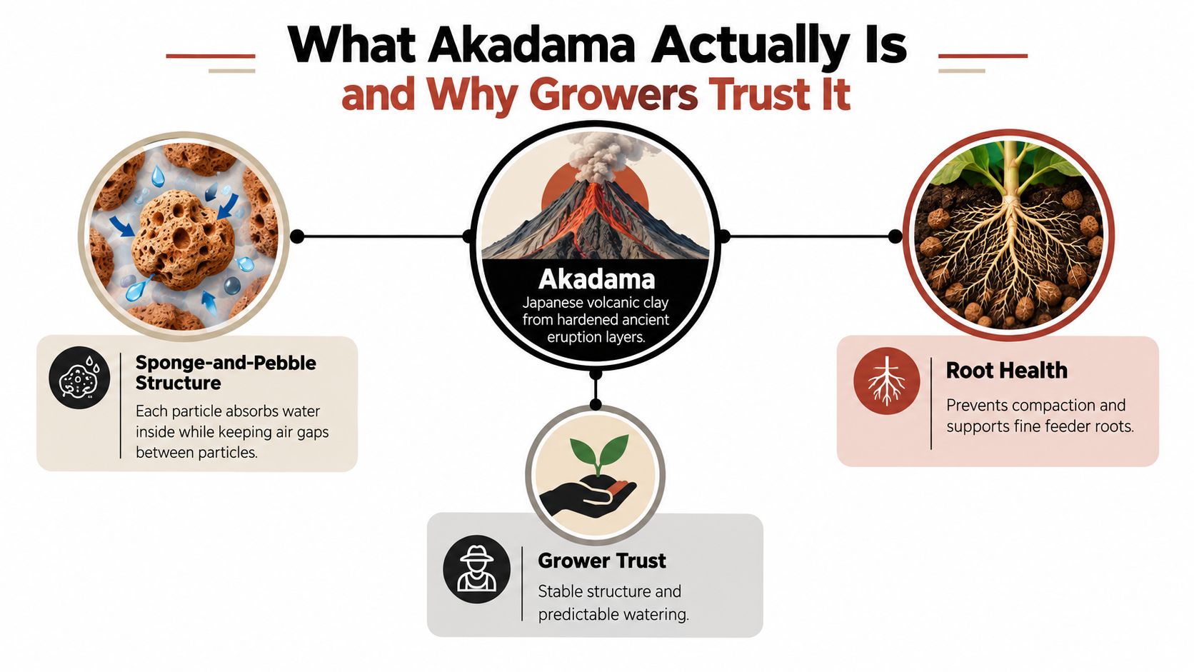 An infographic explaining how Japanese Akadama volcanic clay benefits plant growth through its unique porous structure.