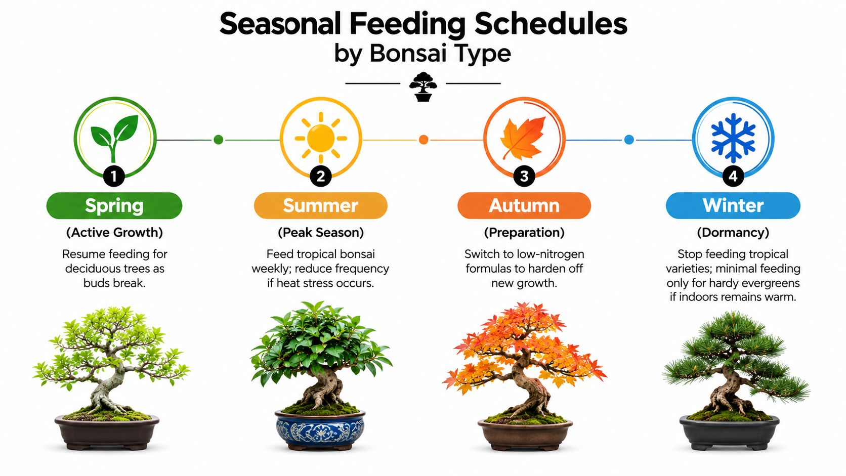A seasonal feeding guide infographic for bonsai trees showing when to fertilize throughout the year.