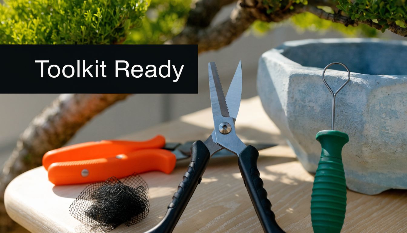 Bonsai maintenance tools including pruning scissors, a soil hook, and mesh pads resting on a wooden table.
