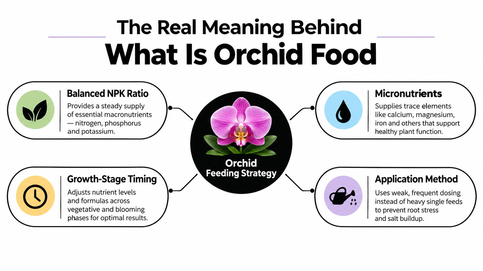 An infographic explaining the components of orchid food, including NPK ratios, micronutrients, growth timing, and application methods.