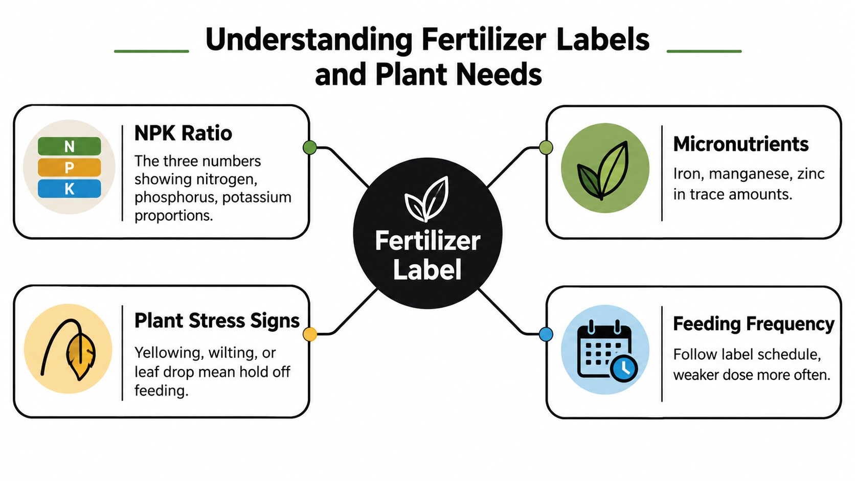 An infographic titled Understanding Fertilizer Labels and Plant Needs, illustrating NPK ratios, micronutrients, plant stress, and feeding frequency.