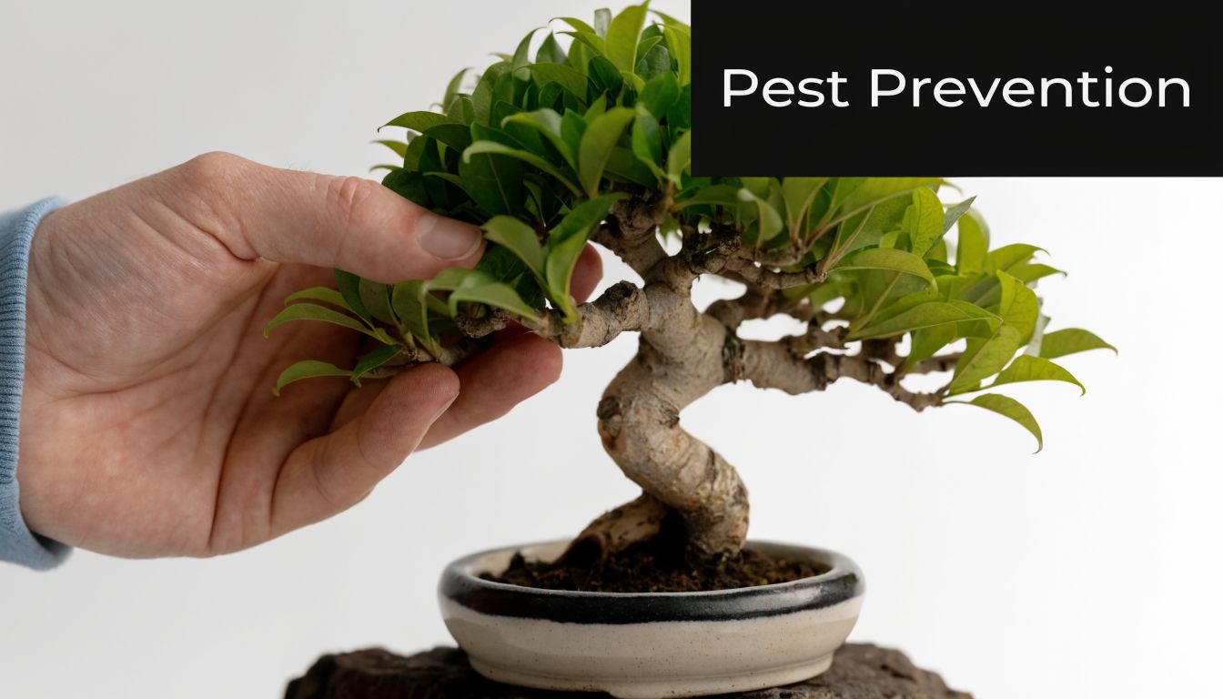 A person carefully inspecting the green leaves of a small bonsai tree for pest prevention.