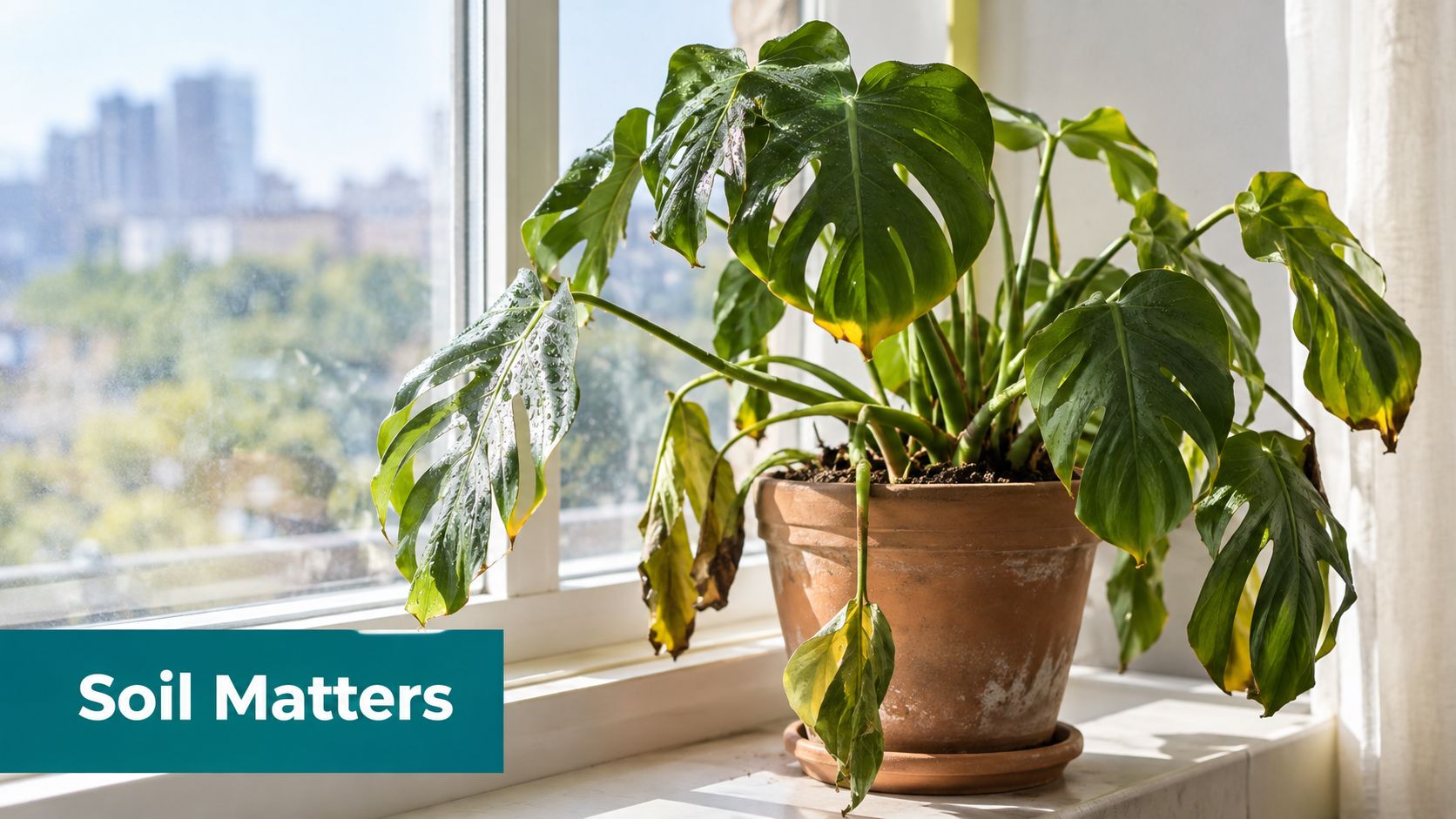 A distressed Monstera plant in a terracotta pot sits on a bright windowsill with yellowing leaves.