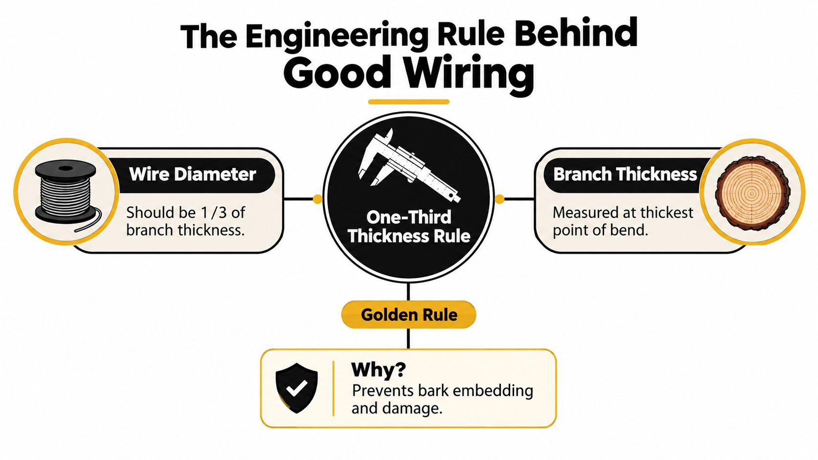 An infographic explaining the one-third thickness rule for choosing the correct bonsai wire diameter for branches.