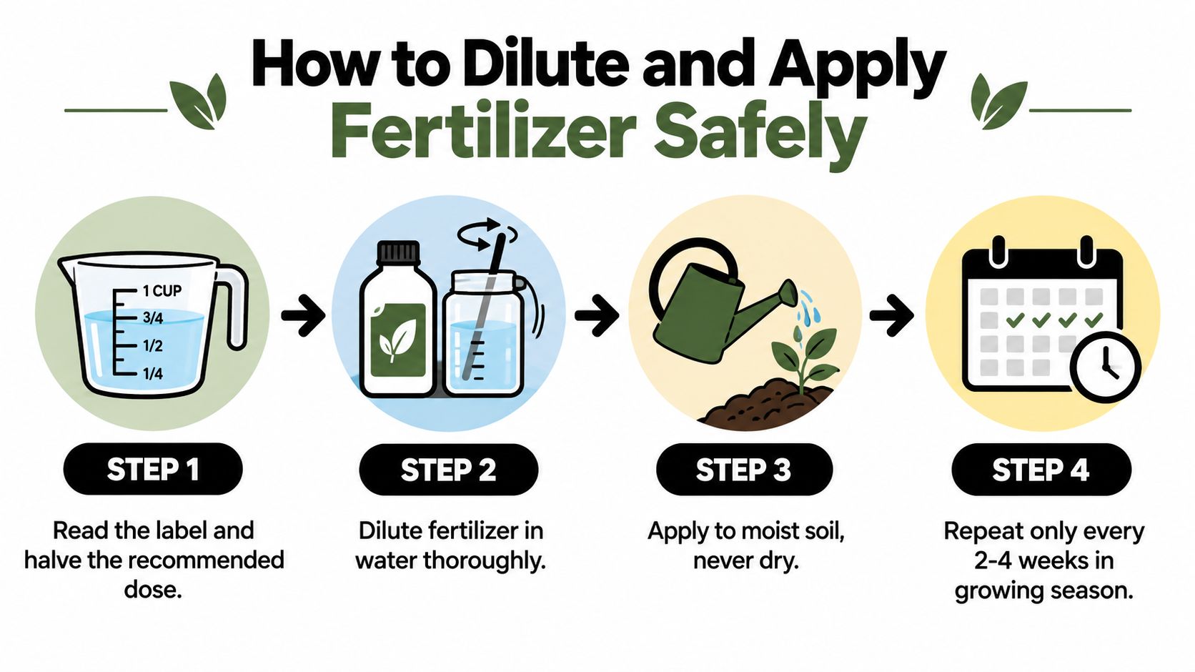 An infographic showing four simple steps to safely dilute and apply fertilizer to your plants.