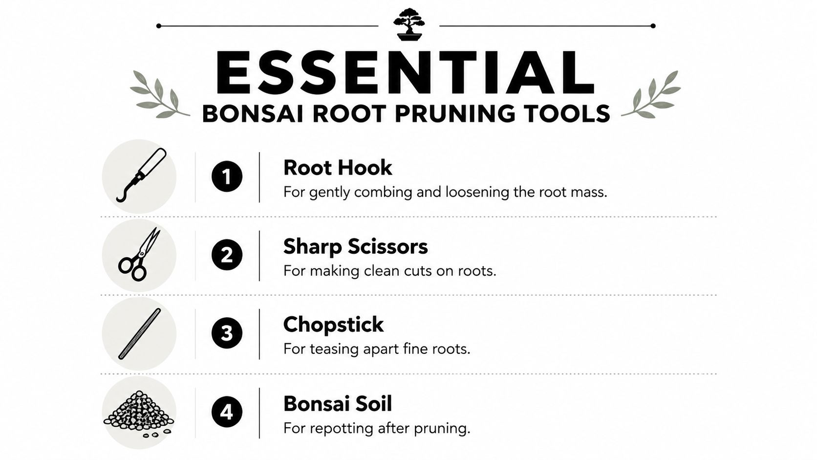 An infographic showing four essential tools for bonsai tree root pruning including a hook, scissors, chopstick, and soil.