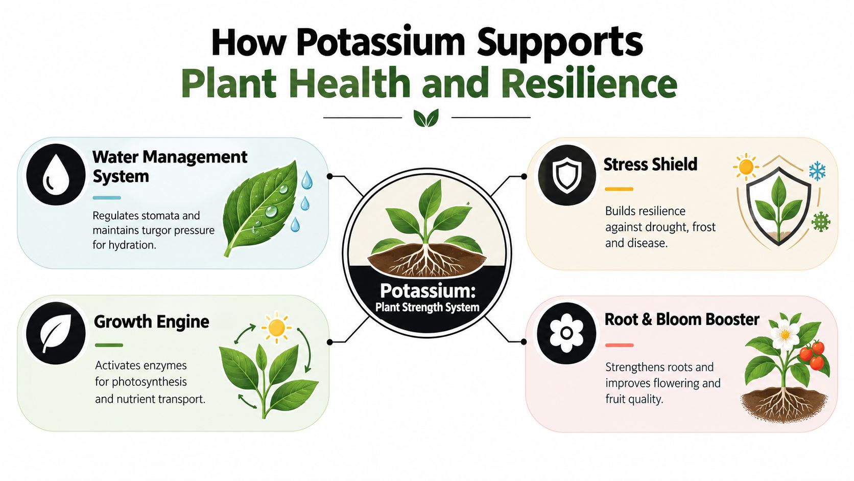 An infographic illustrating how potassium supports plant health, growth, resilience, root development, and water management systems.