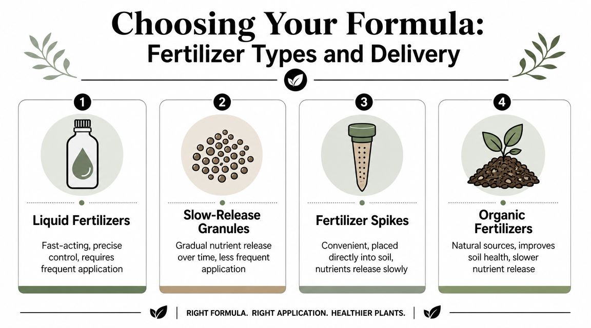 An infographic showing four common types of plant fertilizers: liquid, granules, spikes, and organic material.