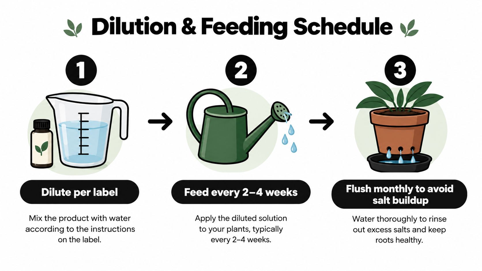 A simple three-step infographic showing how to properly dilute and feed houseplants using liquid fertilizer.