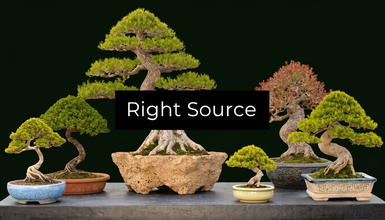 A collection of five various shaped bonsai trees displayed in decorative pots on a dark surface.