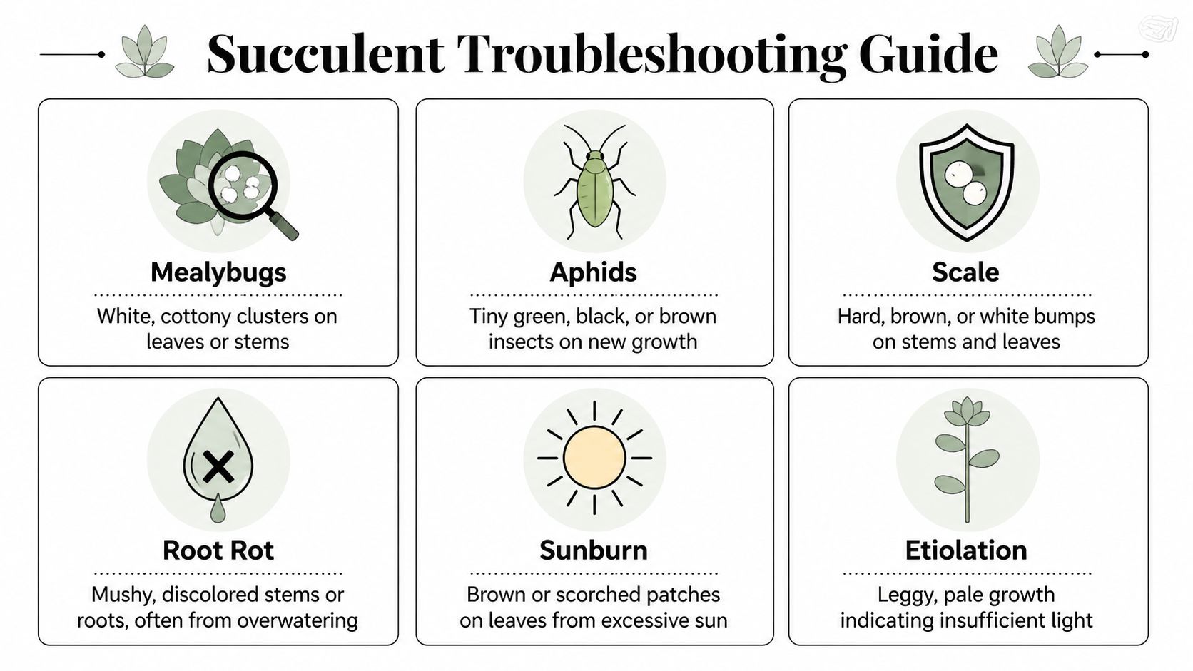 A succint troubleshooting guide displaying visual icons and descriptions for common succulent plant health issues and pests.