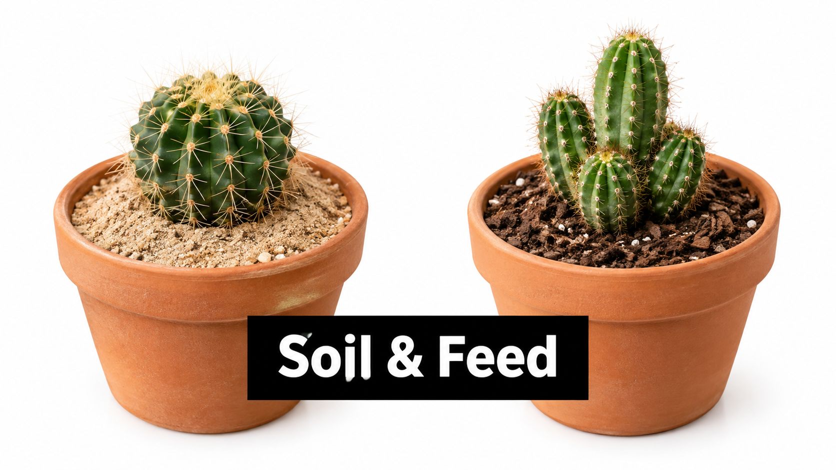 Two potted cactus plants in terracotta pots displayed side by side against a clean white background.