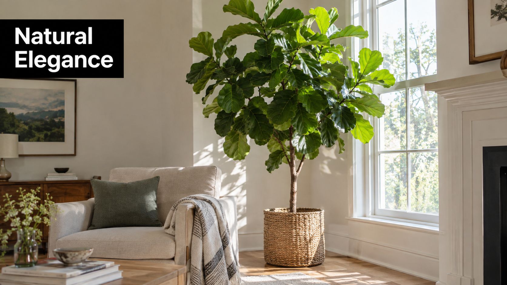 A large fiddle leaf fig plant in a woven basket next to a comfortable chair in a living room.