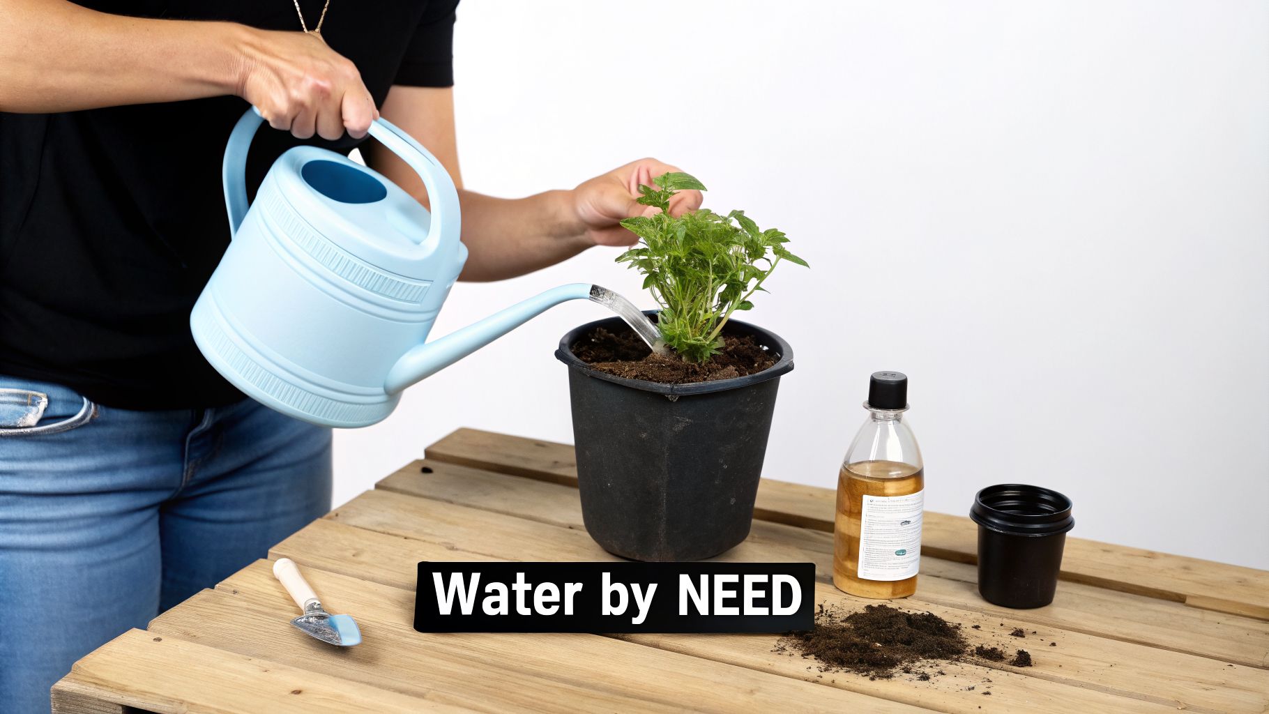 A person carefully waters a small green plant in a black pot, demonstrating indoor plant care.