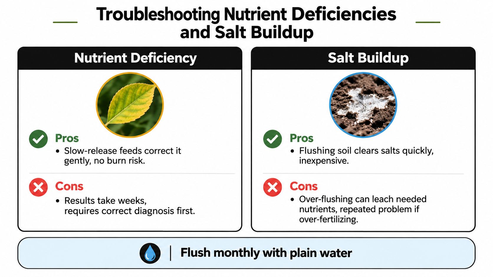 A comparison chart outlining the pros and cons of treating plant nutrient deficiencies versus managing soil salt buildup.