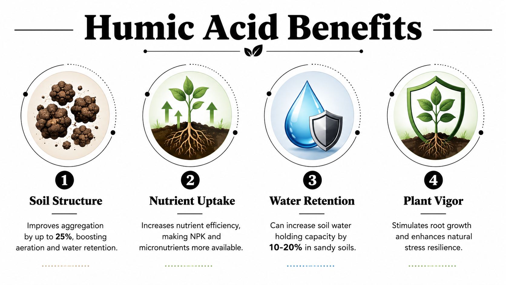 An infographic illustrating the four main agricultural benefits of humic acid soil amendments for healthier plants.