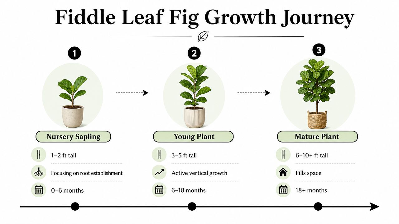 An infographic showing the three stages of Fiddle Leaf Fig growth from sapling to mature plant.