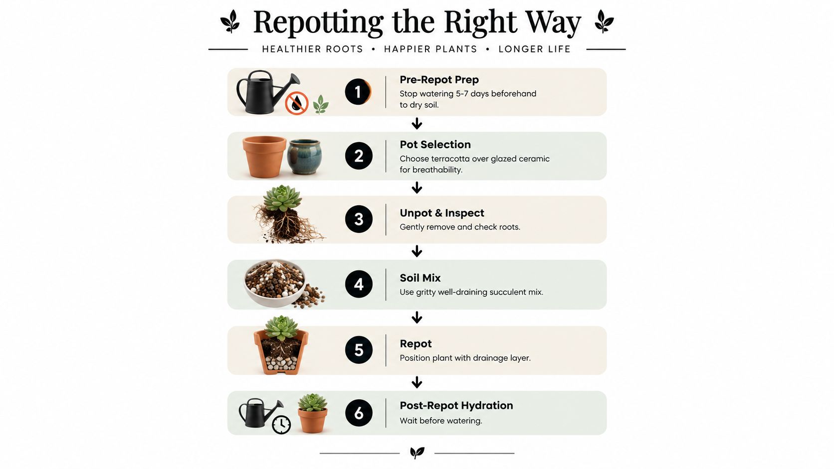 A step-by-step infographic titled Repotting the Right Way, illustrating the process of repotting a succulent plant.