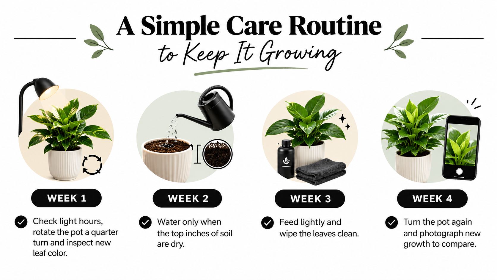 A four-step infographic illustrating a simple weekly care routine for maintaining and nurturing a healthy potted plant.