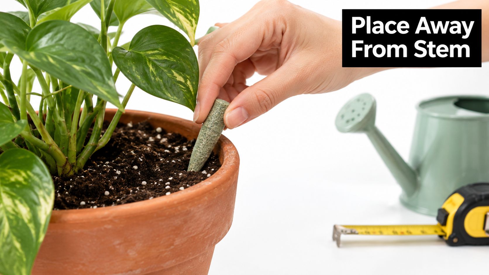 A hand placing a fertilizer spike into the soil of a potted houseplant away from the stem.