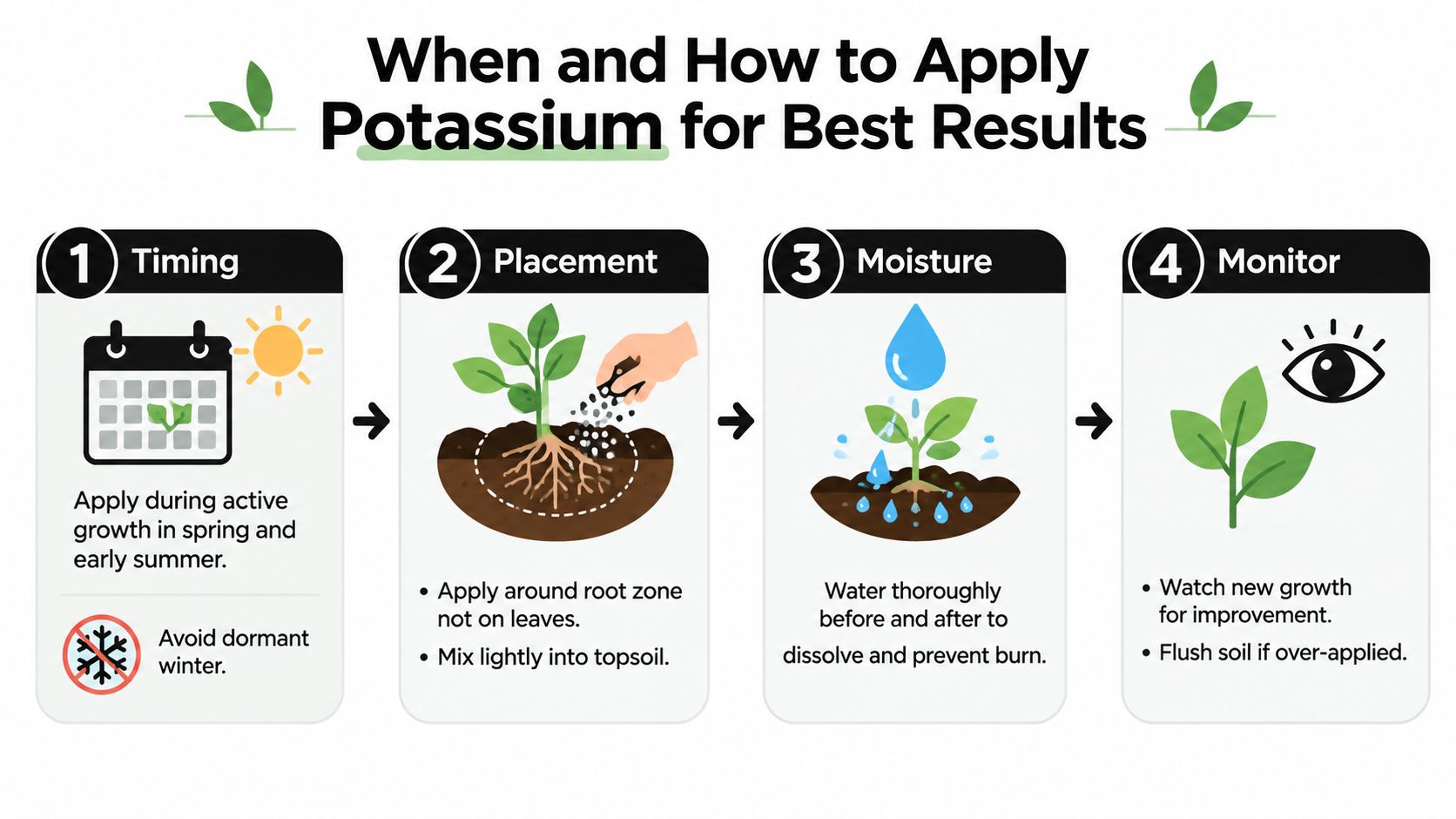 An infographic showing four steps for applying potassium fertilizer to plants during active growing seasons.