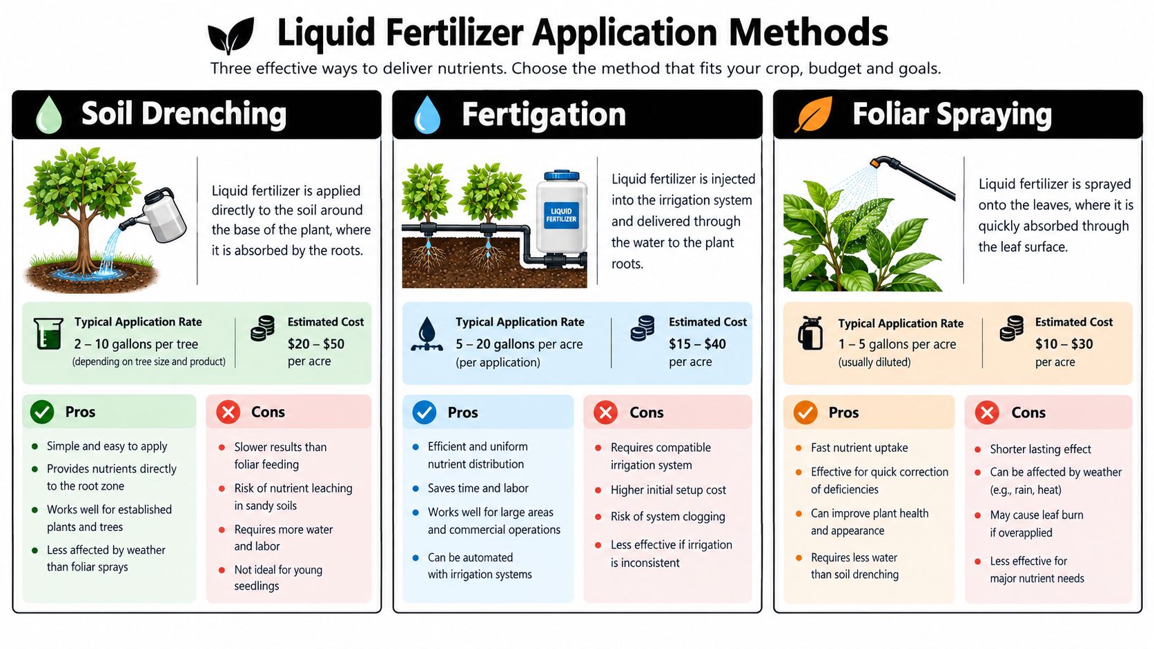 An infographic comparing three common methods for applying liquid fertilizer: soil drenching, fertigation, and foliar spraying.