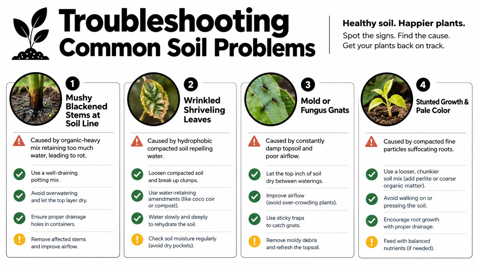 An infographic detailing troubleshooting tips for common soil problems in indoor house plants and garden containers.